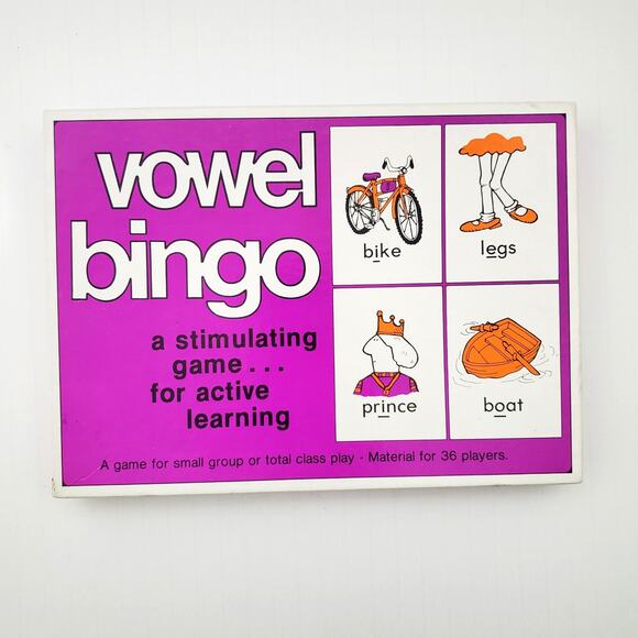 Vtg Vowel Bingo Board Game Boxed Set Phonics Game w Illustrated Word Cards 1977 - Picture 1 of 14